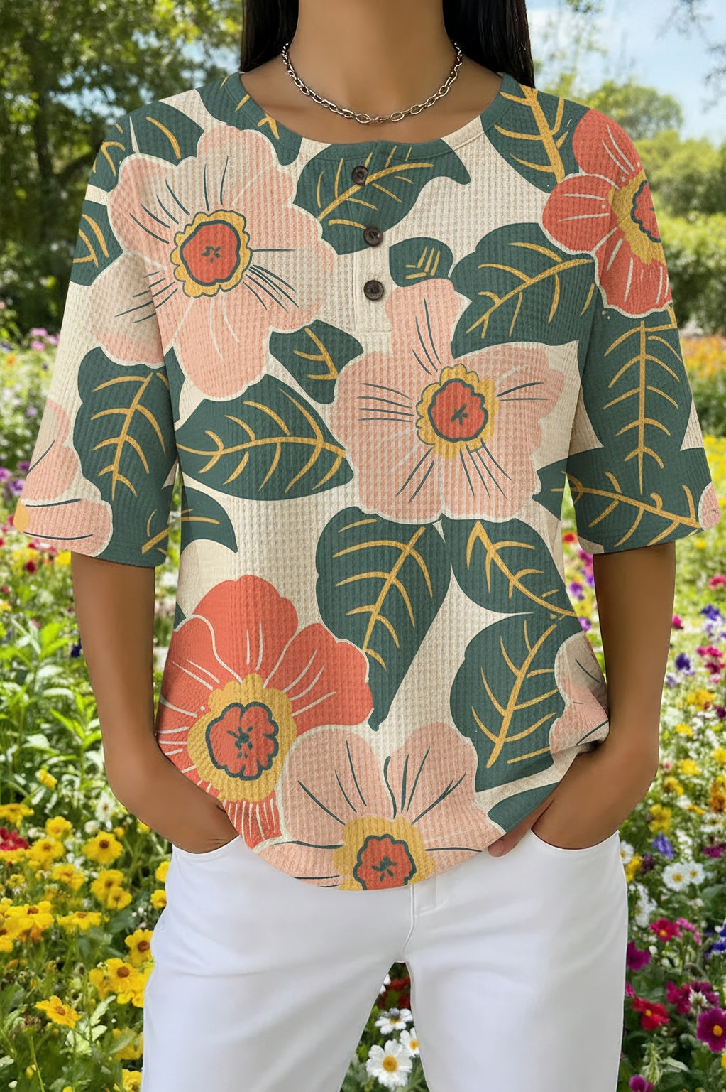 Floral Print Waffle Knit Button Neck Half Sleeve Top