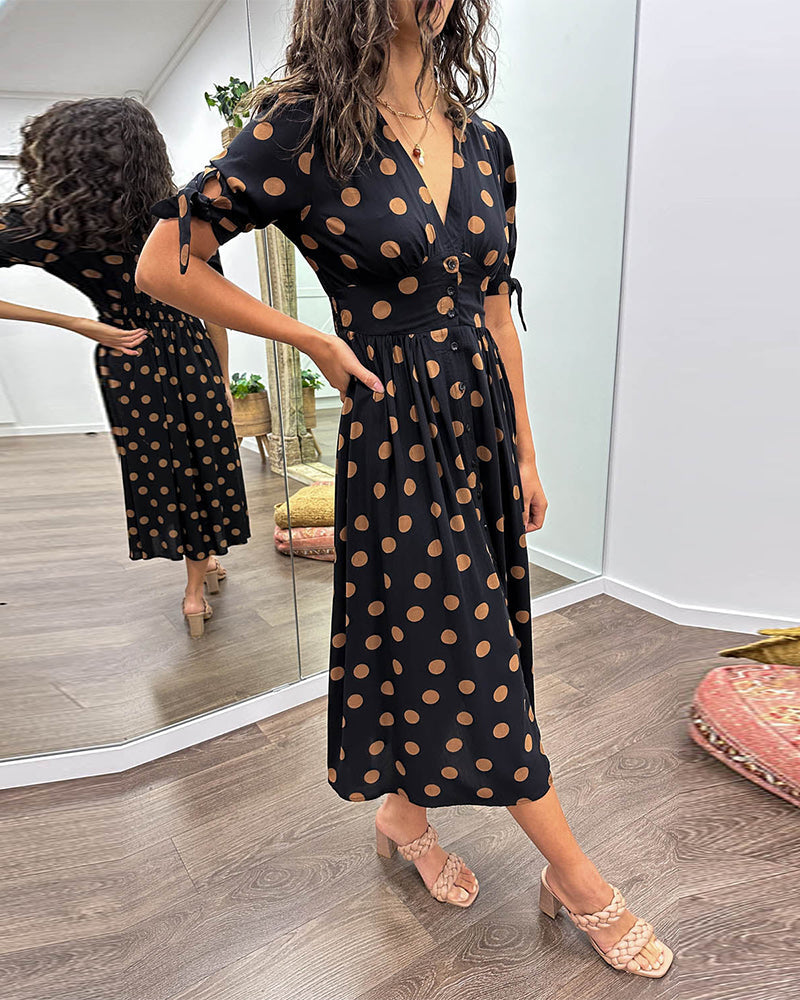 V-Neck Short Sleeve Tie Cuff Button Front Polka Dot Midi Dress - View 2