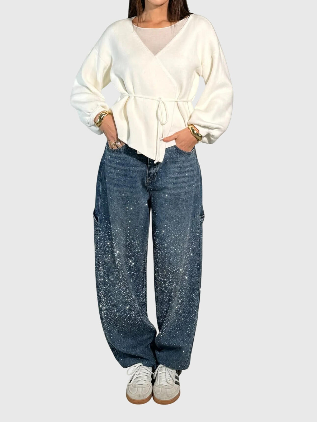 High Waist Rhinestone Wide Leg Cargo Jeans