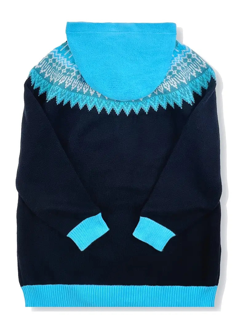 Hooded Button Front Fair Isle Knit Longline Cardigan 9