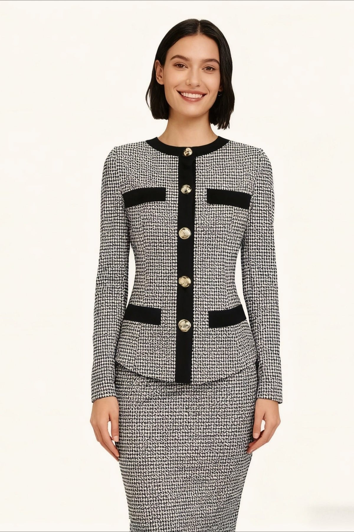 Slim Fit Tweed Knit Cardigan Skirt Tweed Suit Set