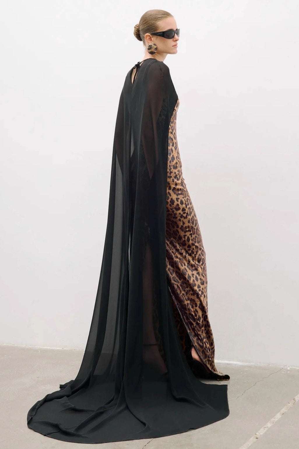 Leopard Sequin Sheer Cape Cut Out Mermaid Maxi Gown - View 2
