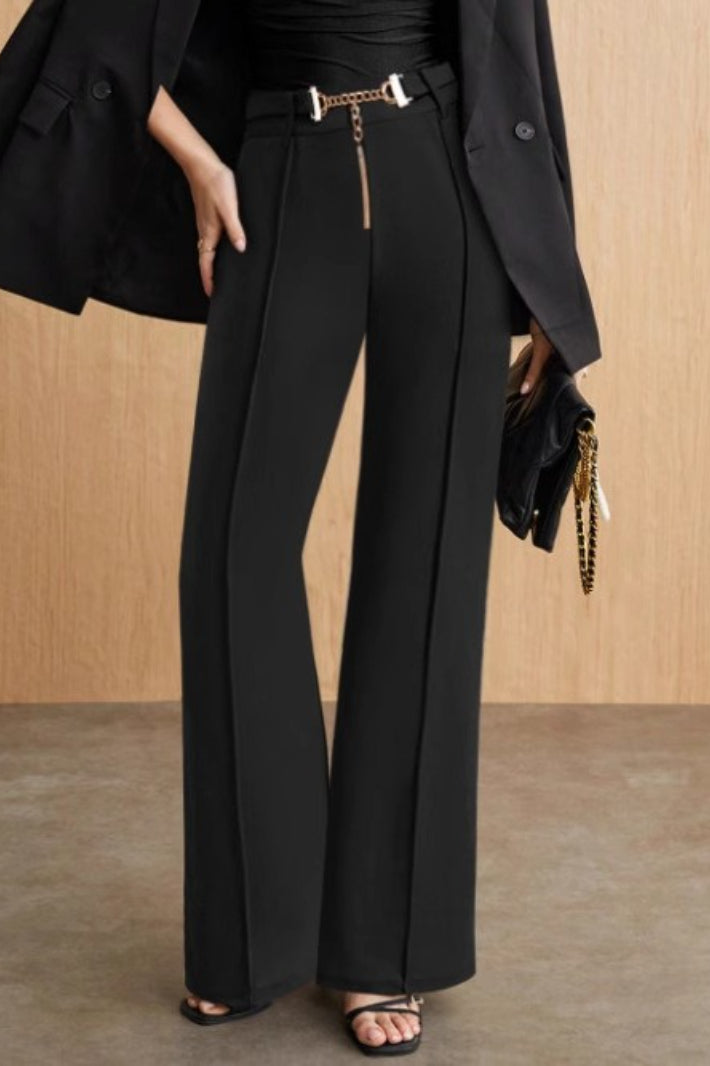 High Waist Straight Metal Belted Office Drape Pants