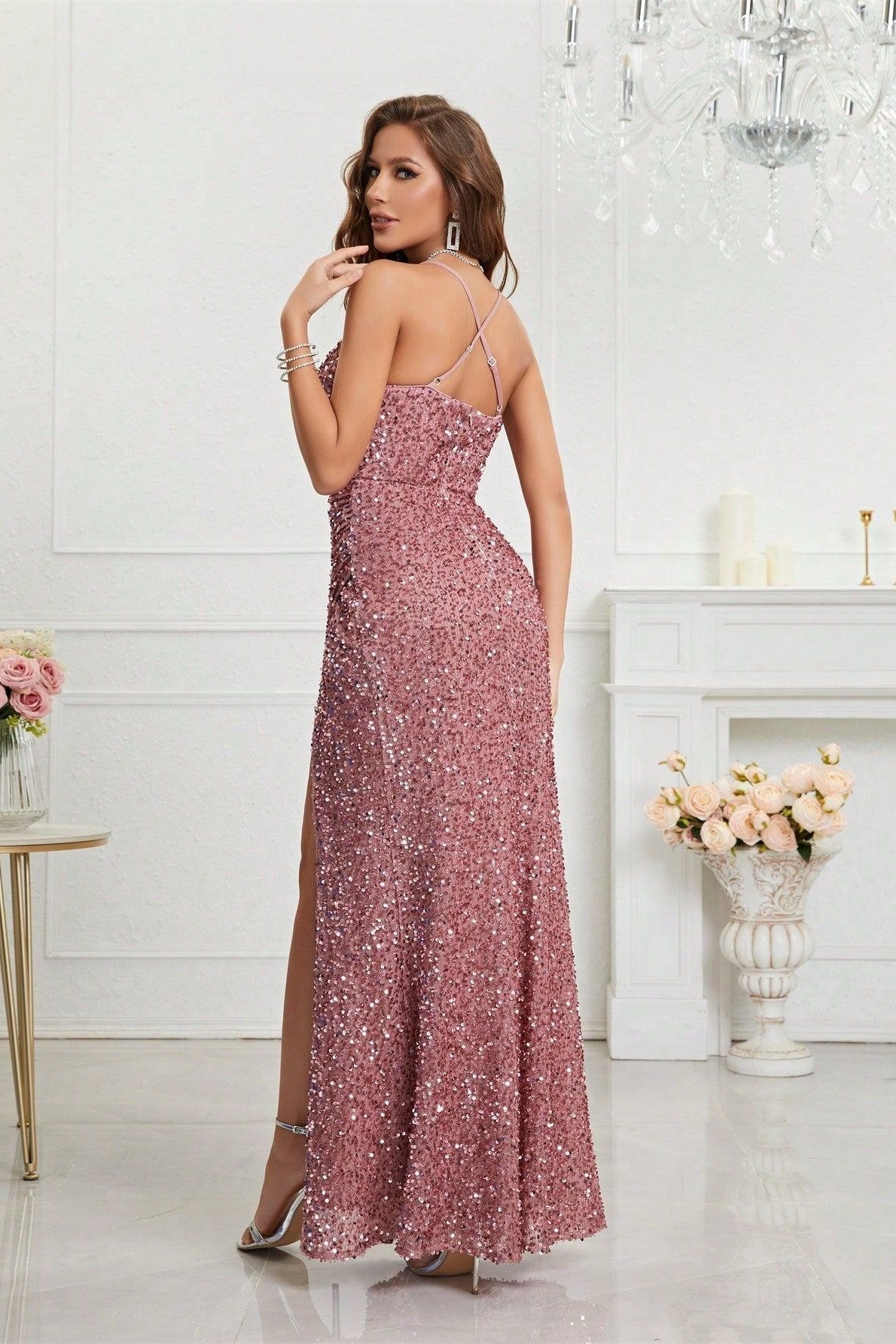 Sequin Spaghetti Strap Sweetheart High Split Ruched Bodycon Dress - View 3