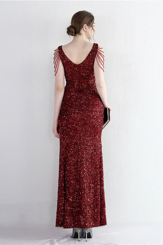 Sequin V-Neck Beaded Fringe High Split Mermaid Gown - View 18