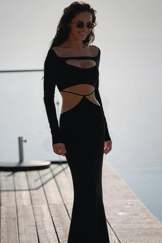Square Neck Long Sleeve Cut Out Bodycon Maxi Dress - View 6