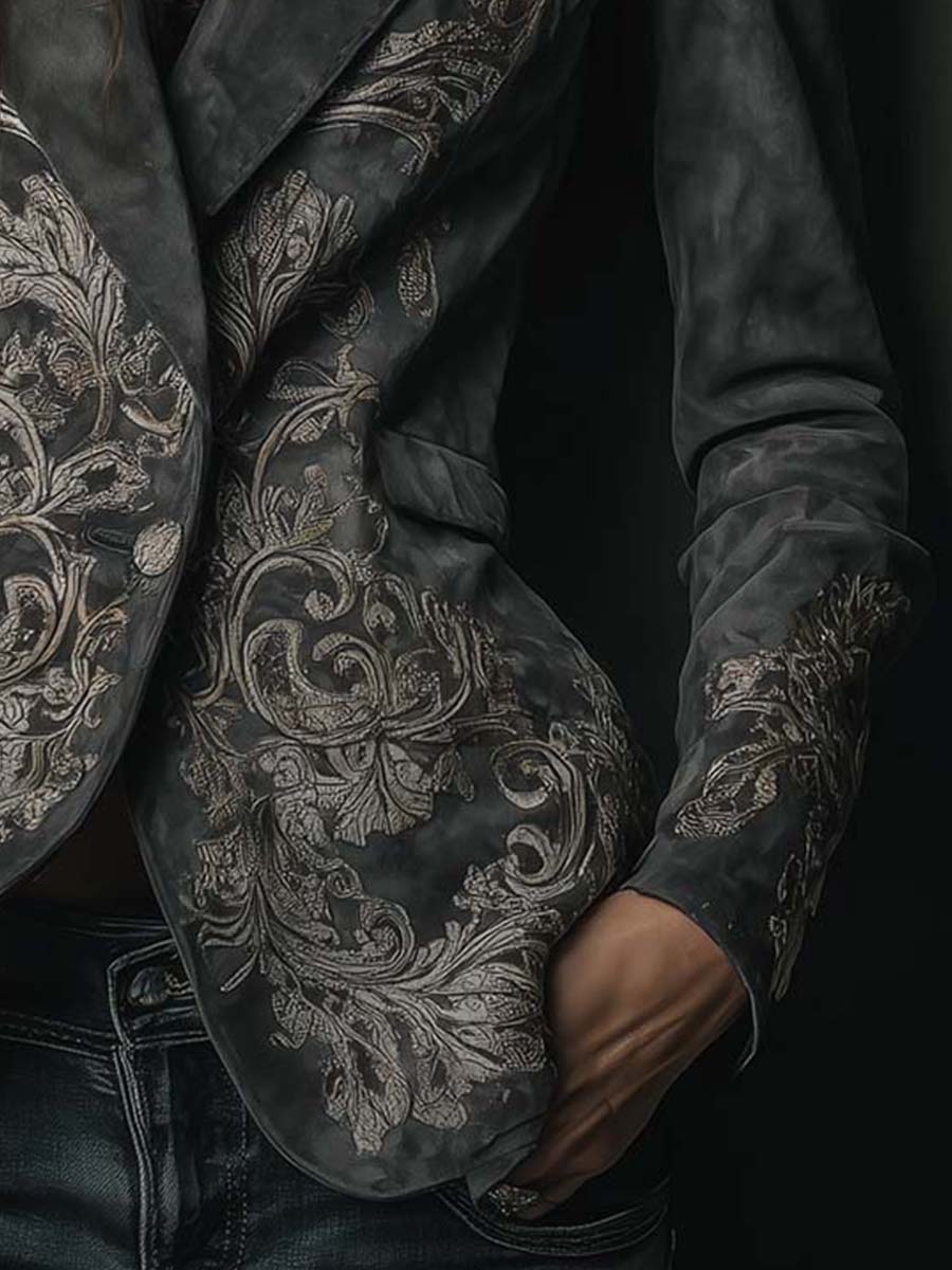 Floral Embossed Suede Look Single Button Blazer 3