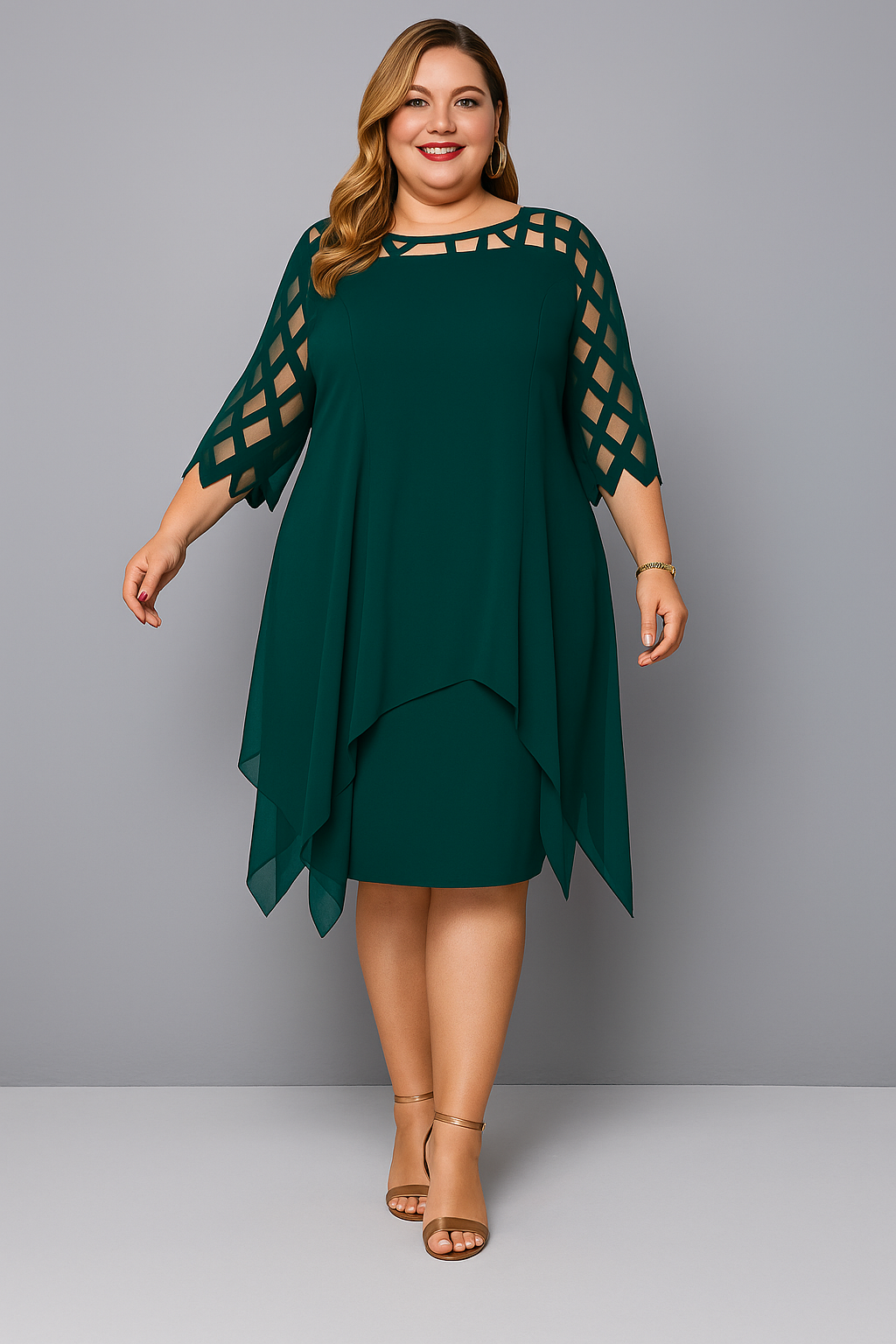 Lattice Cutout Yoke Chiffon Overlay Handkerchief Hem Dress 2