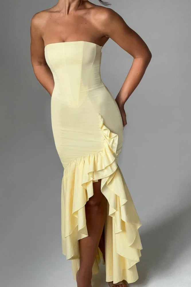 Strapless Corset Ruched Ruffle Hem Mermaid Maxi Dress 10