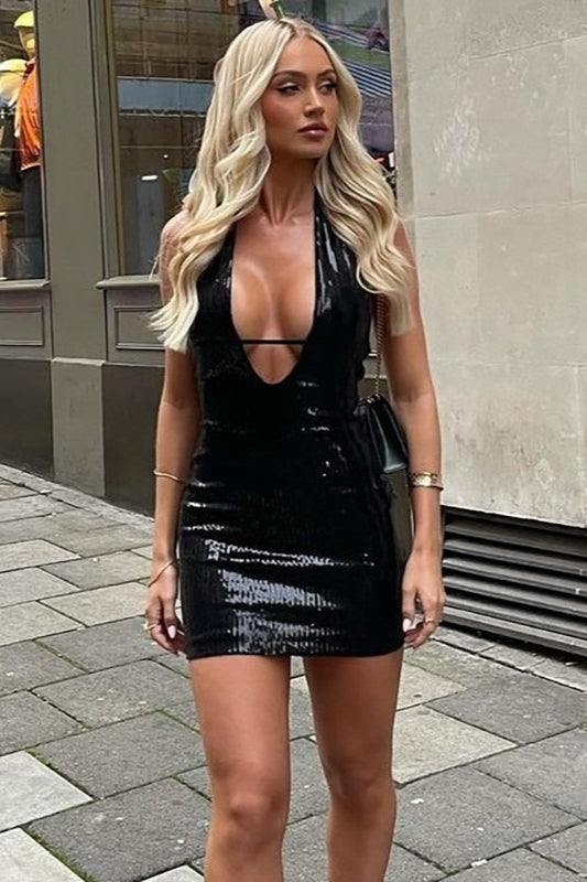 Sequin Halter Neck Deep V-Neck Cut Out Bodycon Mini Dress - View 12