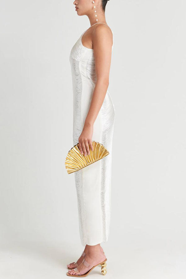 Sexy Allnight Metallic Halterneck Backless Fringed Slit Maxi Dress - View 15