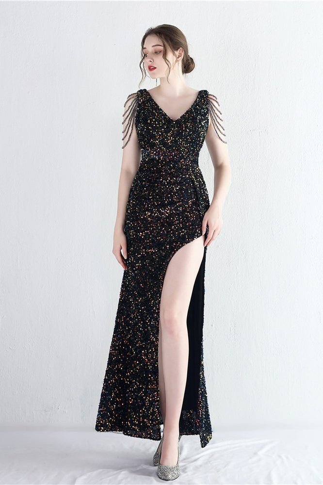 Sequin V-Neck Beaded Fringe High Split Mermaid Gown - View 3