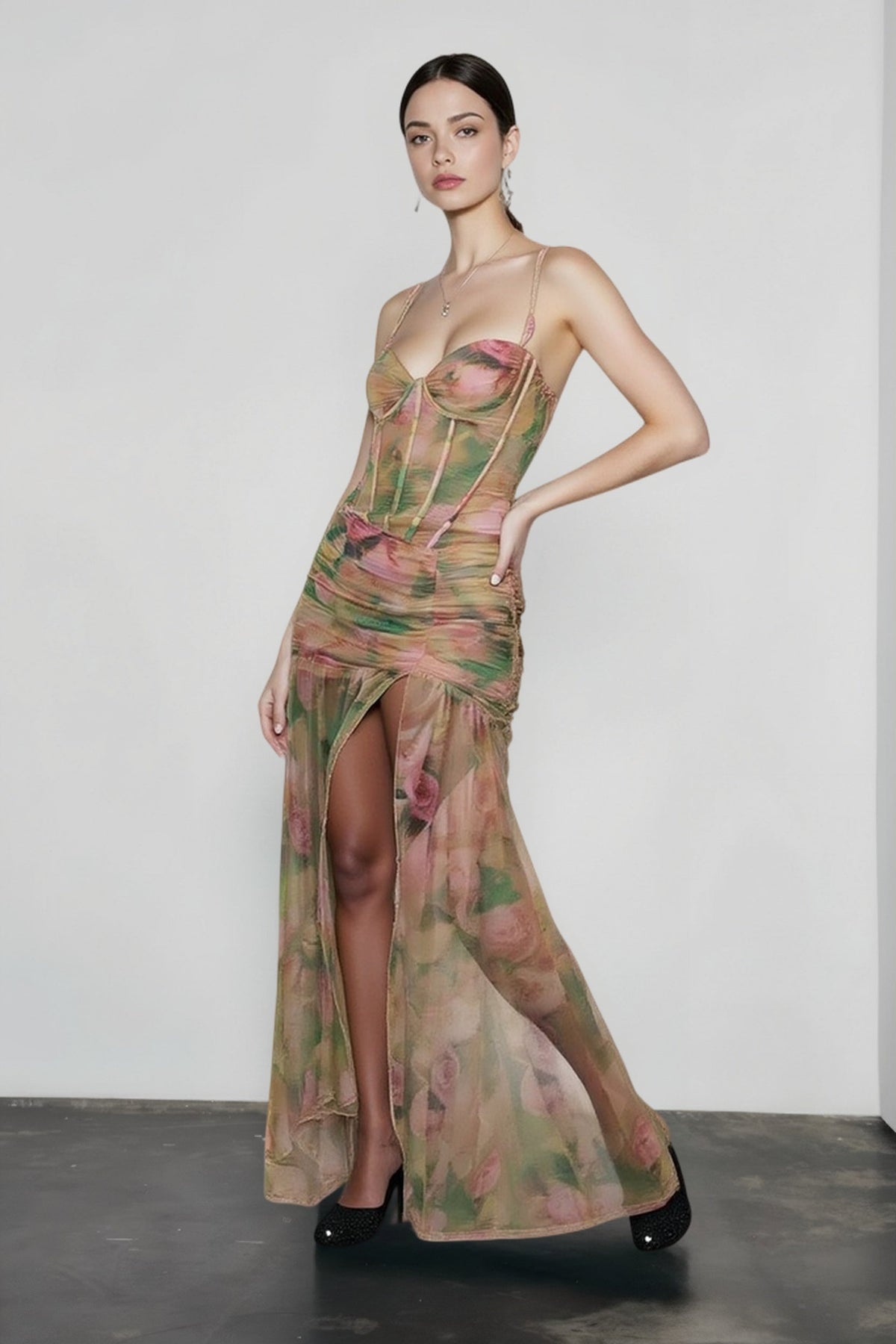 Floral Sweetheart Corset Ruched High Split Mesh Maxi Dress
