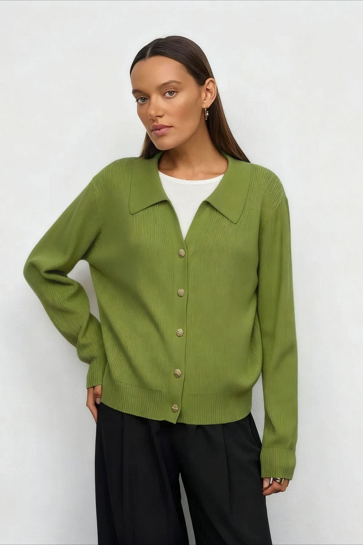 Solid V Neck Button Down Cardigan S / Green