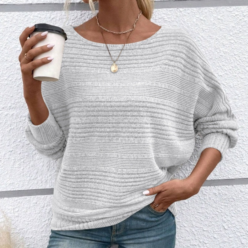 Striped Boat Neck Batwing Long Sleeve Knit Top 15