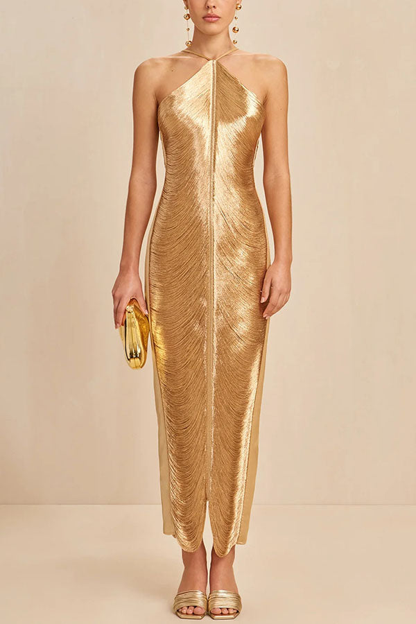 Sexy Allnight Metallic Halterneck Backless Fringed Slit Maxi Dress - View 7