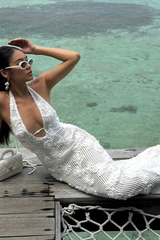 Sequin Halter Neck Deep V-Neck Keyhole Backless Maxi Dress - View 5
