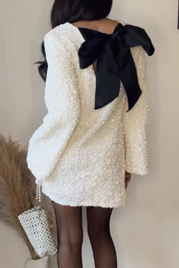 Sequin Round Neck Long Sleeve Oversized Swing Mini Dress - View 4