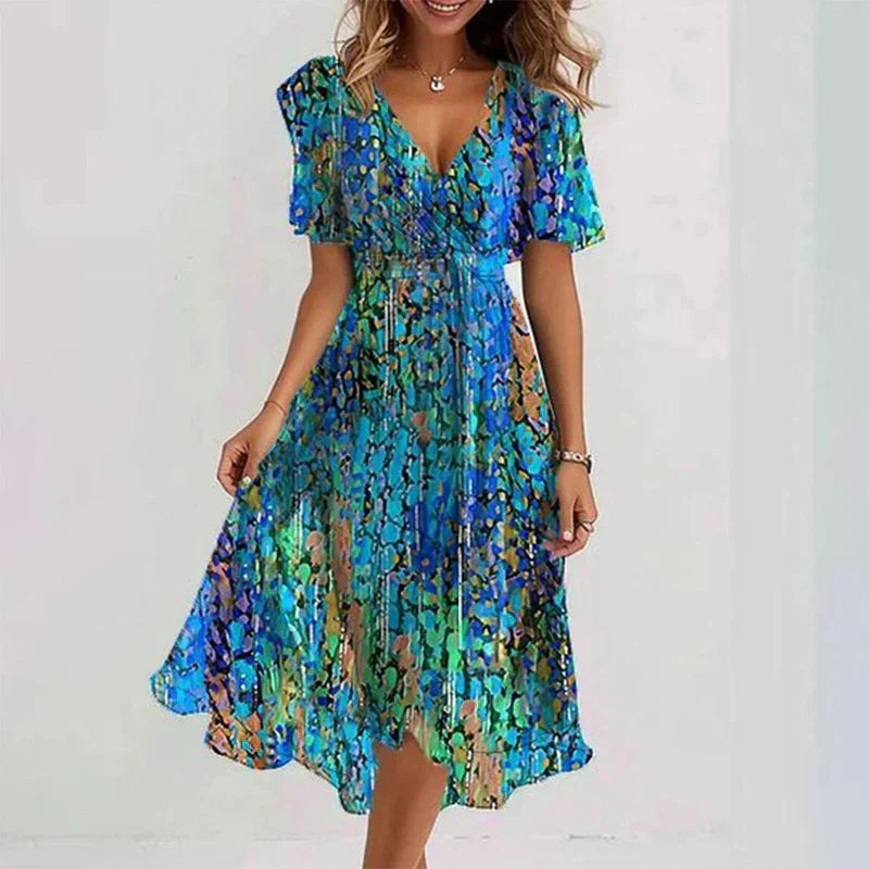 Watercolor Floral V-Neck Short Sleeve High Low Midi Dress 2