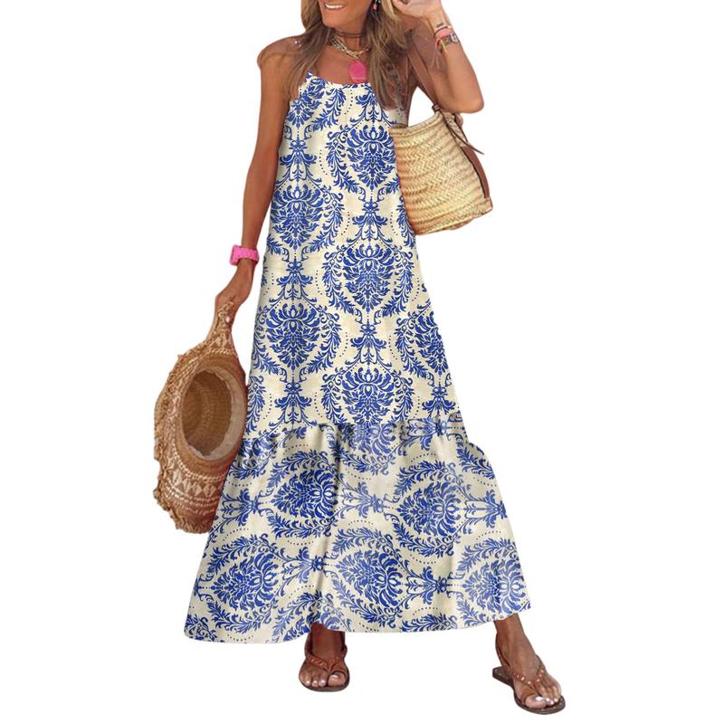 Damask Print Spaghetti Strap Tiered Maxi Dress