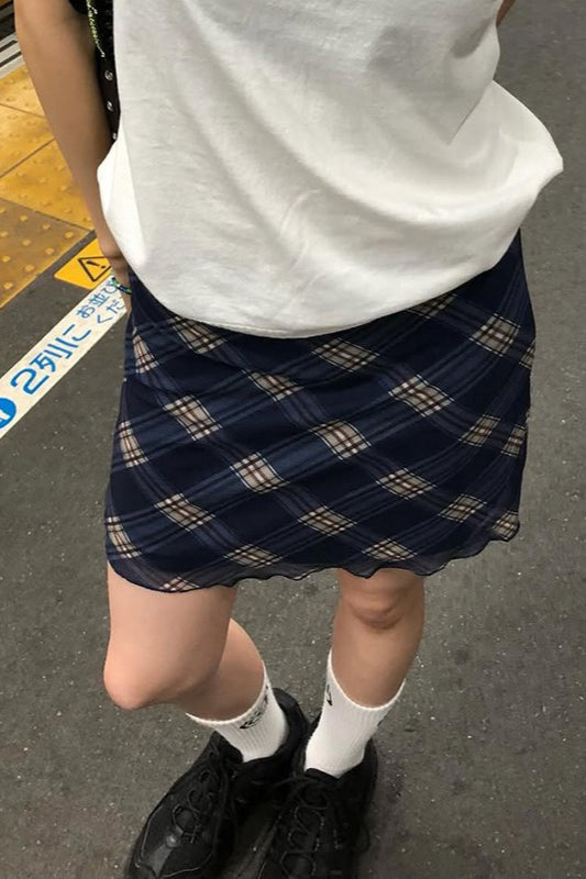 Sheer Mesh Panel Plaid Pencil Skirt