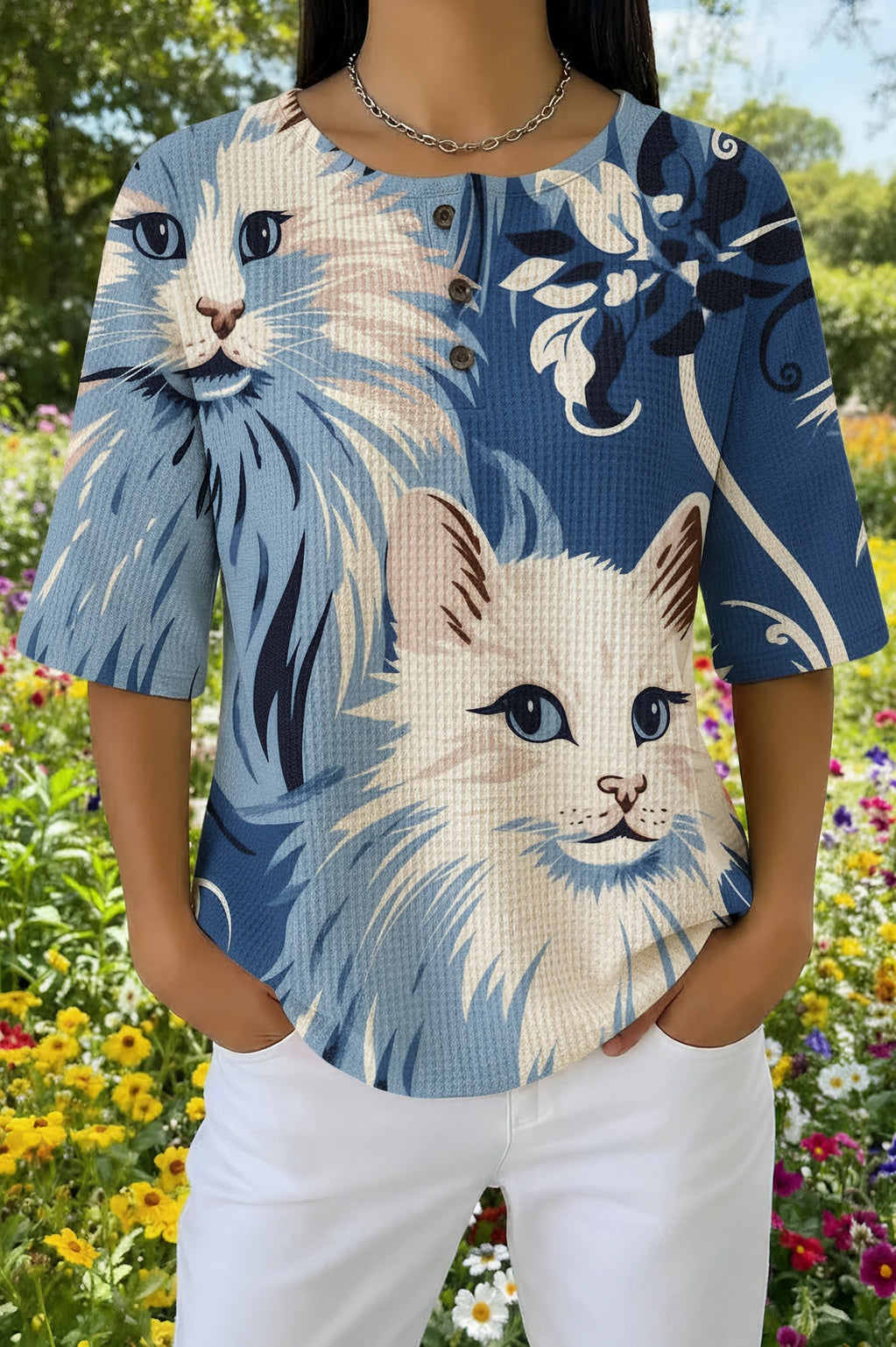 Cat Print Waffle Knit Short Sleeve Top