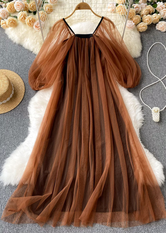 Mesh Square Neck Puff Sleeve Pleated Tulle Overlay Maxi Dress