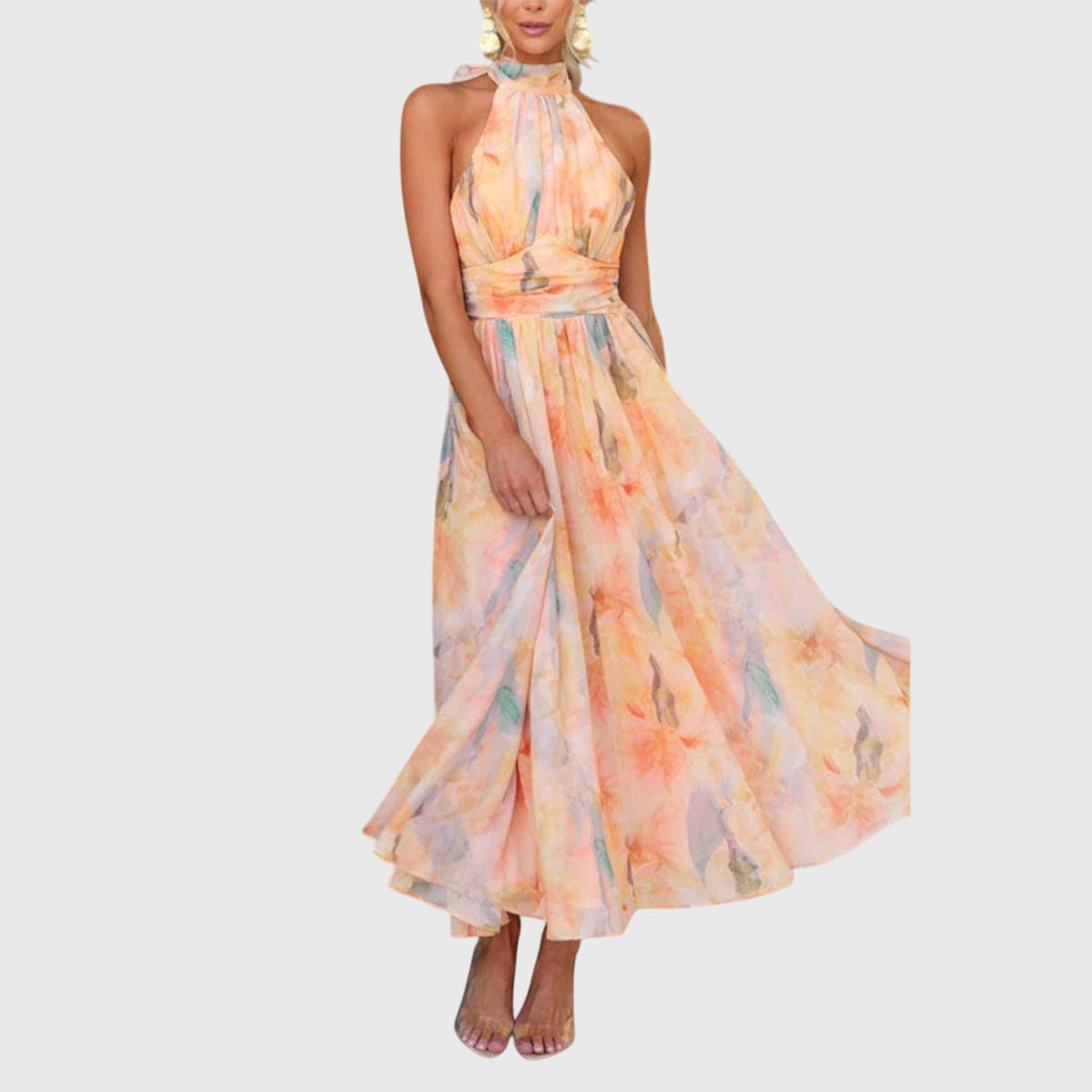 Watercolor Floral Halter Neck Sleeveless Maxi Dress 4