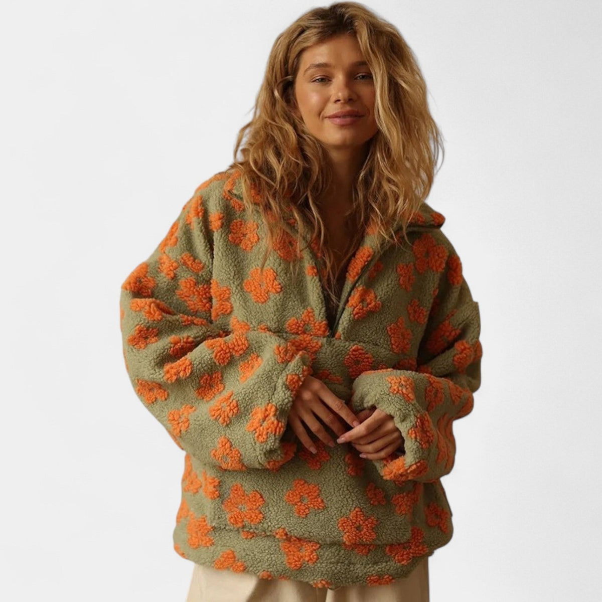 Floral Print Half Zip Collared Sherpa Fleece Pullover 3