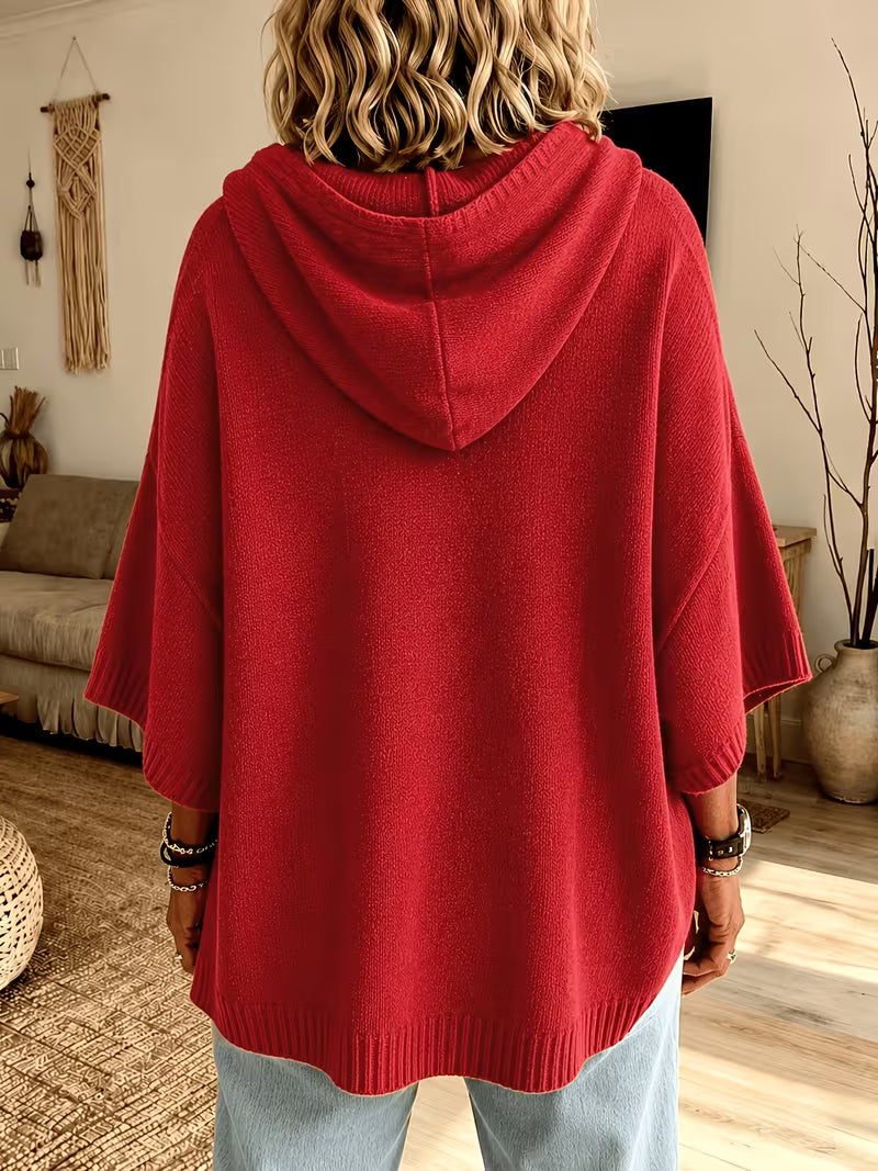 Hooded Drawstring Oversized Knit Poncho Sweater 12