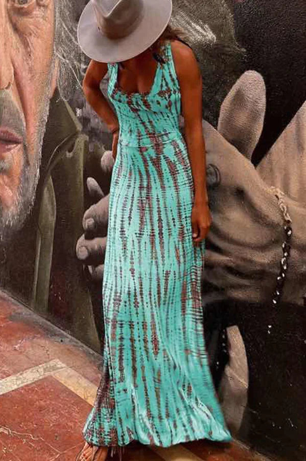 Tie Dye Scoop Neck Sleeveless Bodycon Maxi Dress