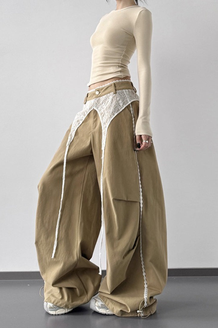 Vintage Lace Patchwork Bow High Waist Slim Wide Leg Pants