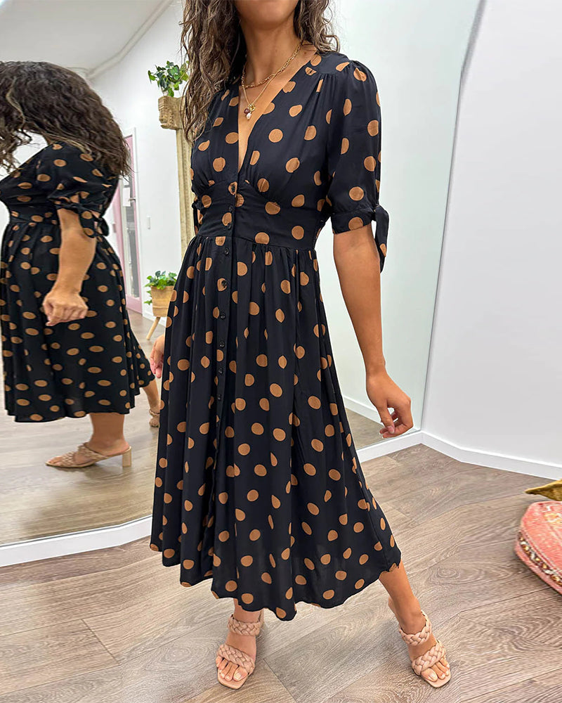 Polka Dot Deep V-Neck Button Front Puff Sleeve Tie Cuff Midi Dress - View 3