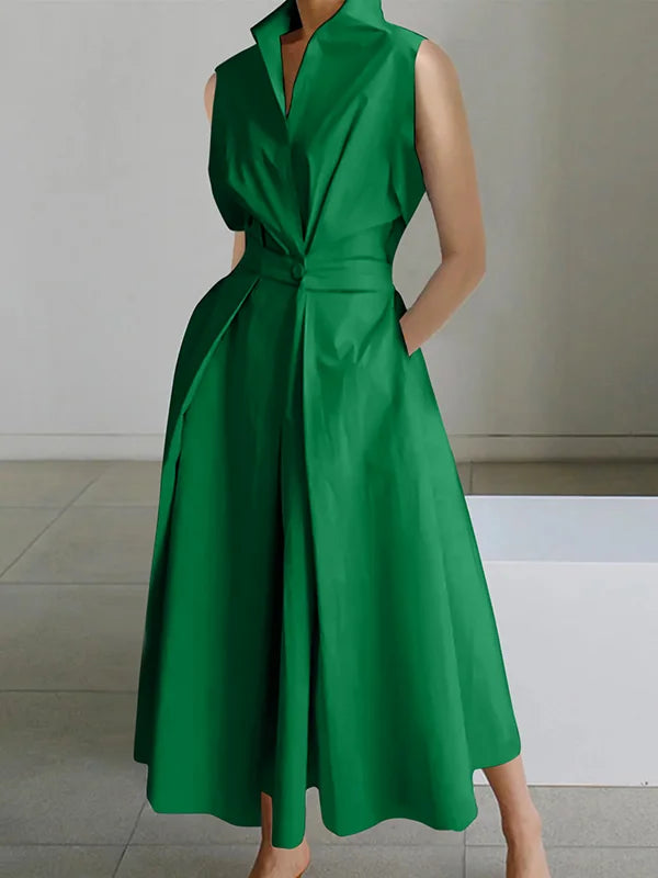 Stand Collar Deep V-Neck Sleeveless Pocket A-Line Midi Dress - View 10