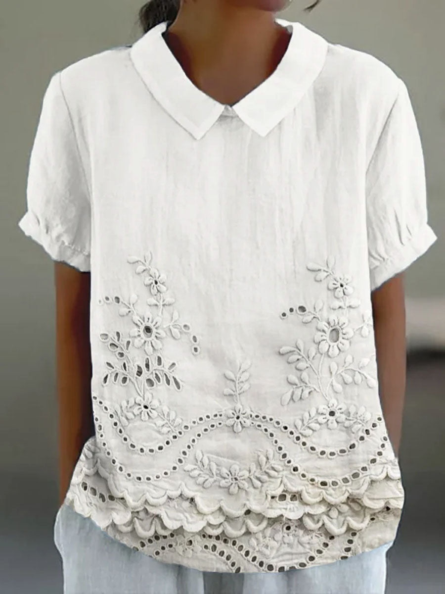 Collared Short Sleeve Eyelet Embroidered Scalloped Hem Blouse 3