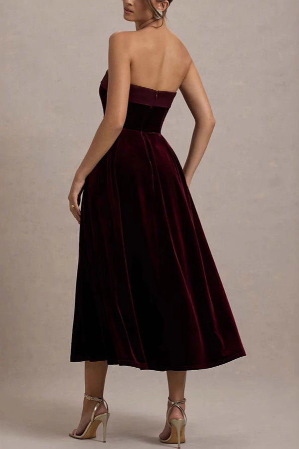 Velvet Strapless Fit and Flare A-Line Midi Dress - View 5