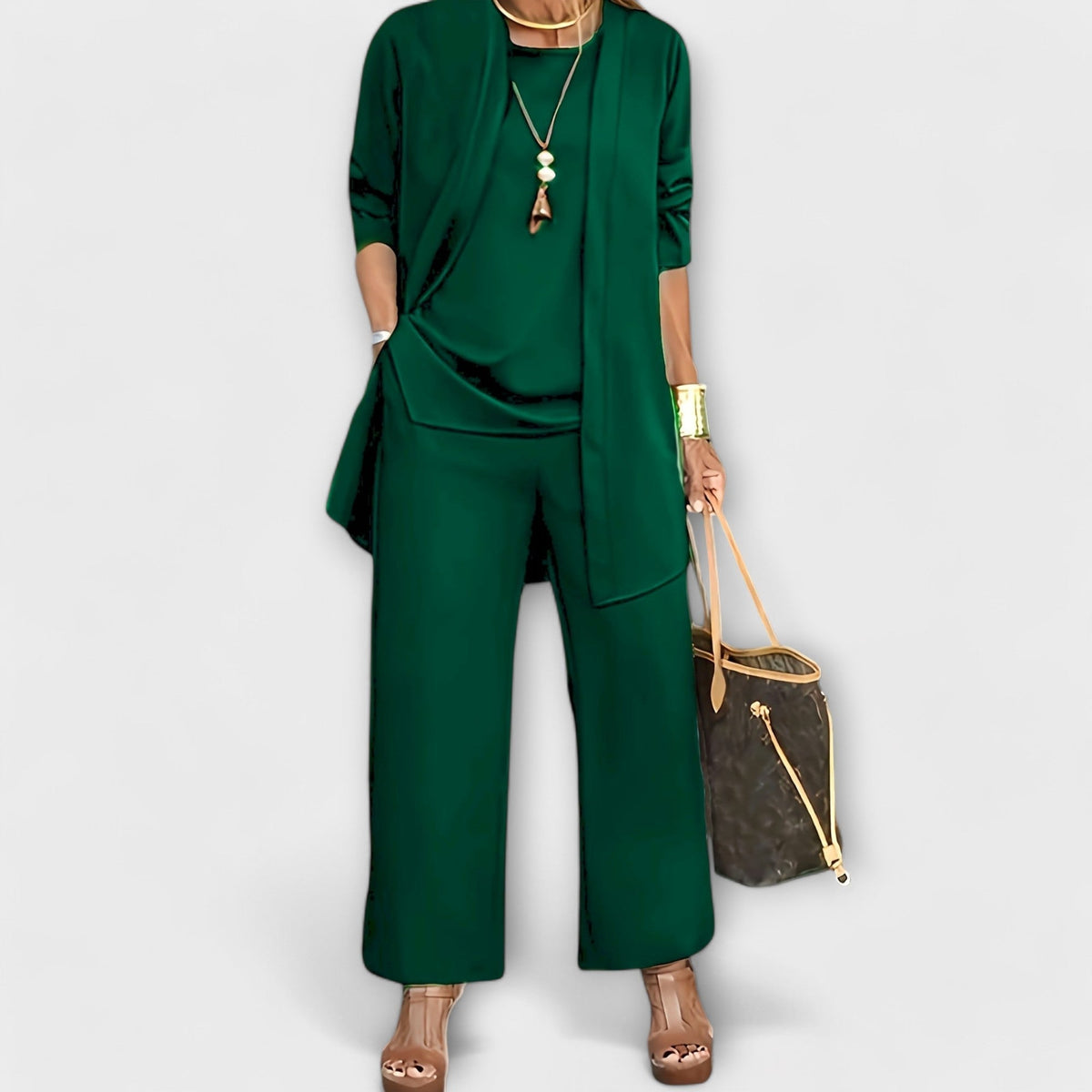 Longline Duster Cardigan Top and Wide Leg Pants Three Piece Set 5