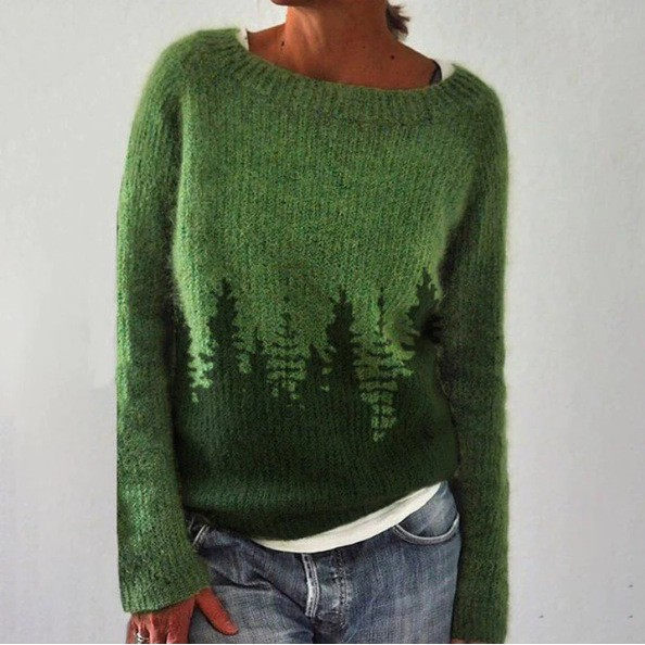 Forest Tree Print Boat Neck Long Sleeve Knit Sweater