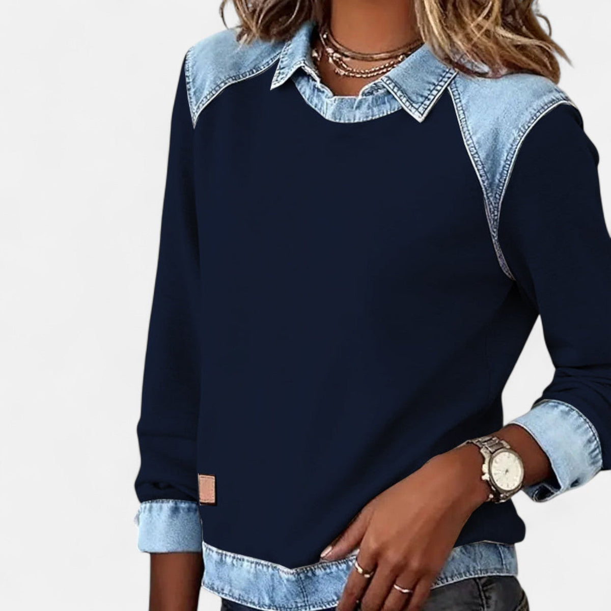 Crew Neck Denim Contrast Panel Sweatshirt 2