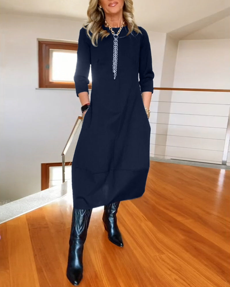 Round Neck Quarter Sleeve Zip Front Sheer Hem Midi Dress 10