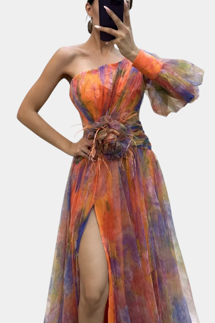 Floral One Shoulder Long Sleeve High Split Maxi Gown 7