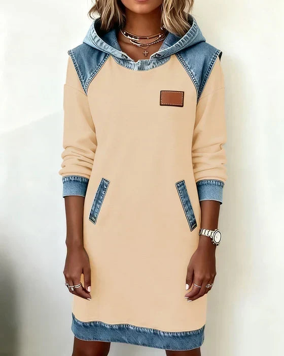 Hooded Denim Contrast Long Sleeve Sweatshirt Dress 11