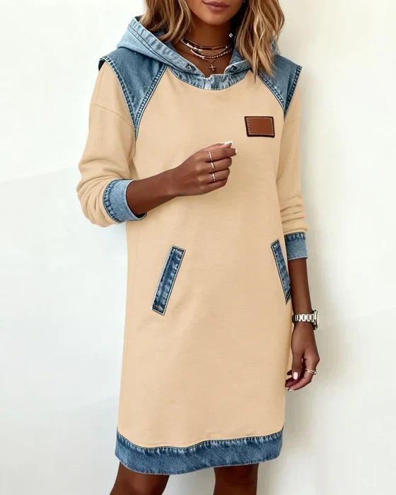 Hooded Denim Contrast Long Sleeve Sweatshirt Dress 12
