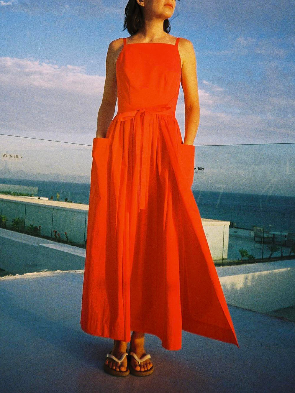 Spaghetti Strap Square Neck Tie Belt Side Pocket Maxi Dress - View 17