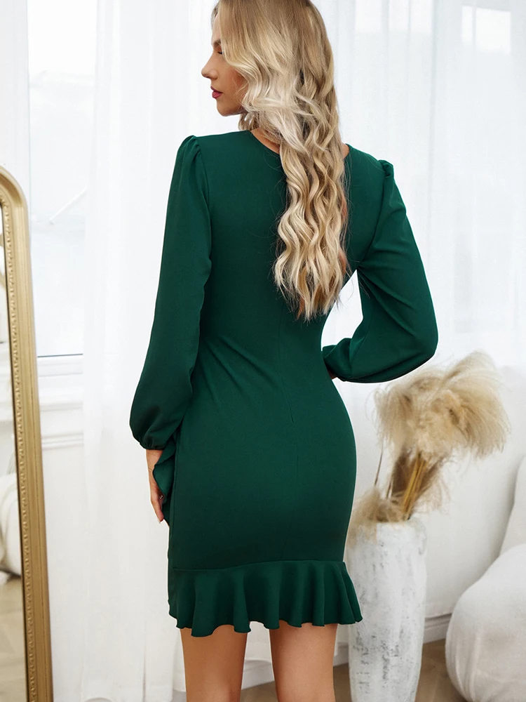 Long Puff Sleeve Ruched Side Gathered Bodycon Mini Dress - View 3