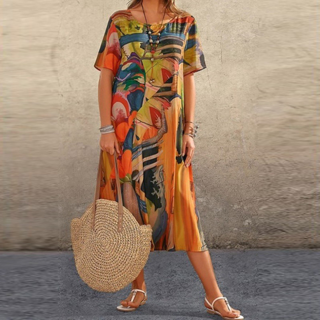 Scoop Neck Short Sleeve Shift Midi Summer Dress - View 4