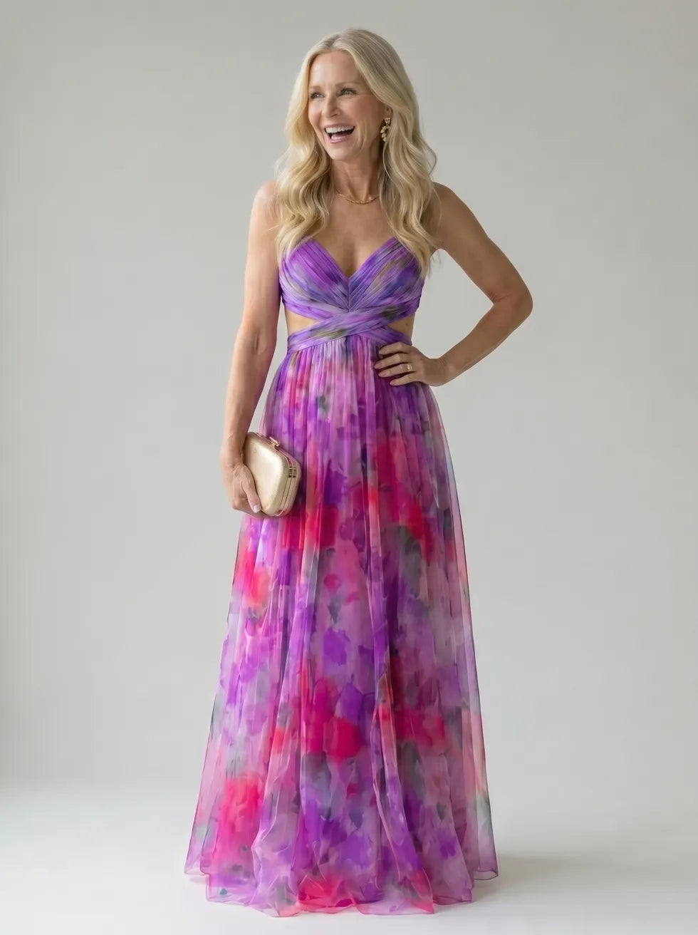 Floral V-Neck Twist Front Sleeveless Mesh Maxi Dress 9