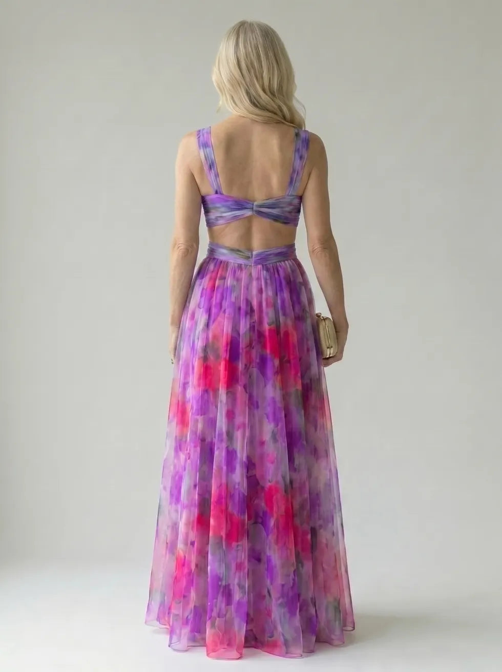 Floral V-Neck Twist Front Sleeveless Mesh Maxi Dress 12