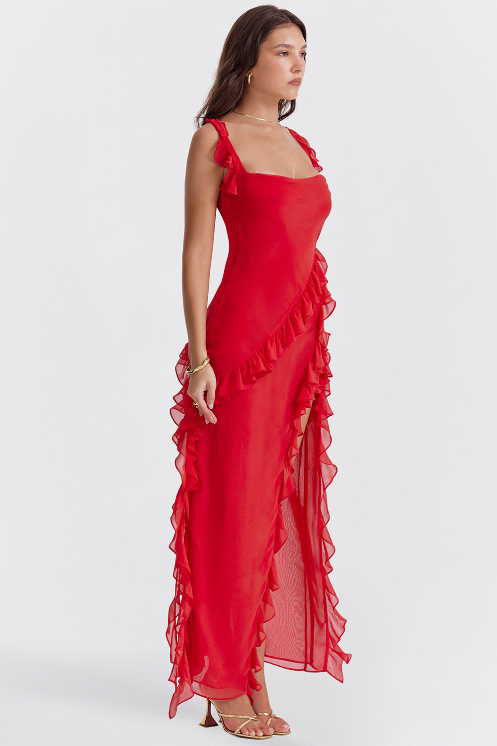 Chiffon Square Neck Ruffle Strap High Split Maxi Gown 54