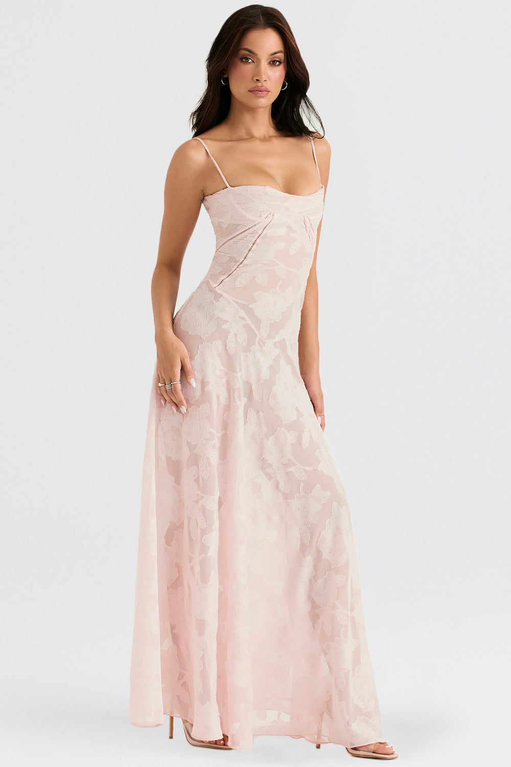 Floral Lace Spaghetti Strap Corset Bodice Sheer Mesh Maxi Gown - View 13